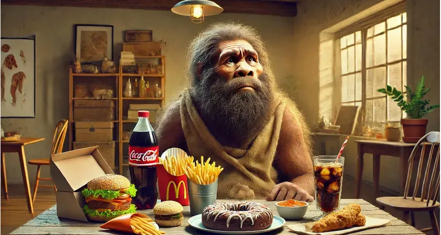 An early human caveman with modern high-calorie foods in front of him, looking confused.