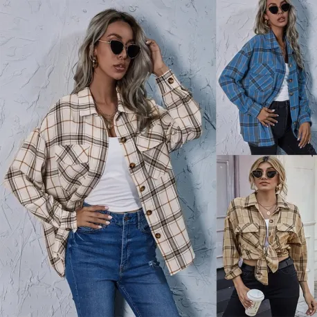 Blonde woman in Single Breasted Lapel Long Sleeve Plaid Jacket flannel shirt nicetrendyshoppe