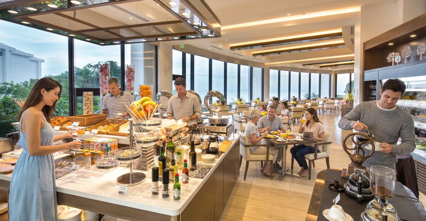 Guests enjoying a club lounge & buffet