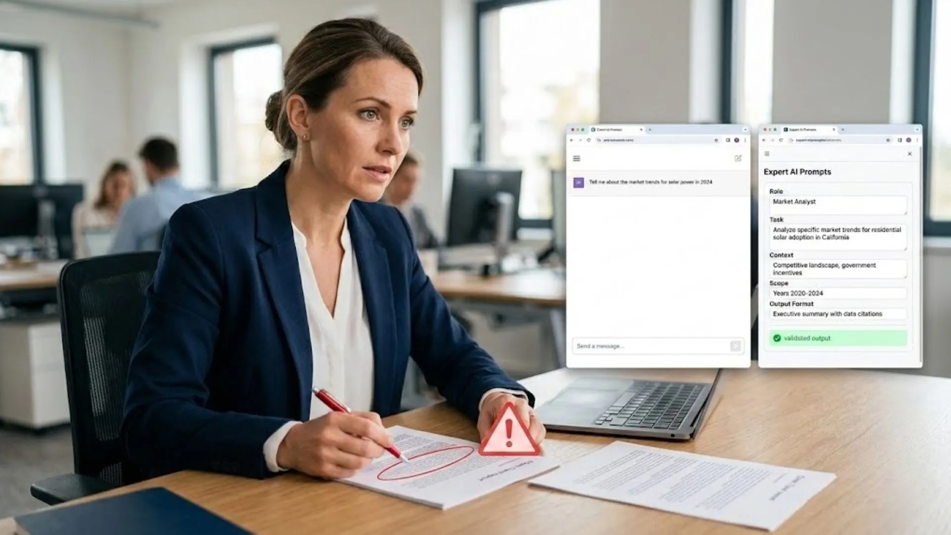 Consultant catching an AI hallucination in a client report while reviewing expert ai prompts for consultants architecture 