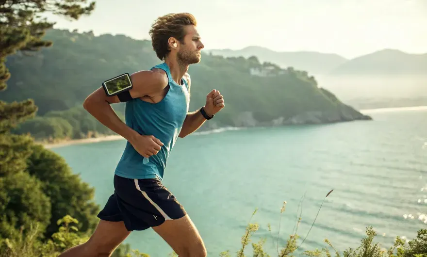 a fit man running outdoors near a scenic body of water, wearing a sleeveless athletic shirt, shorts, and a smartphone armband.