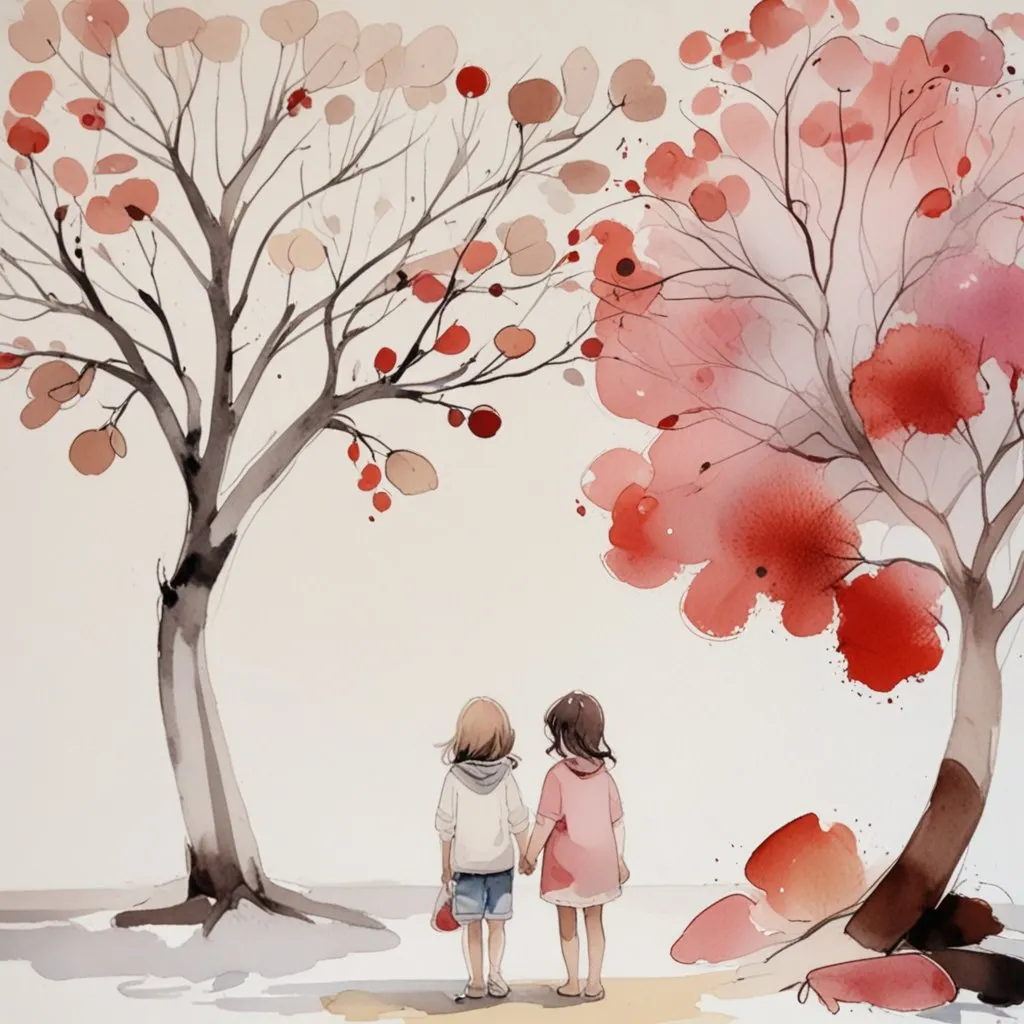 Two kids having a conversation under the tree.