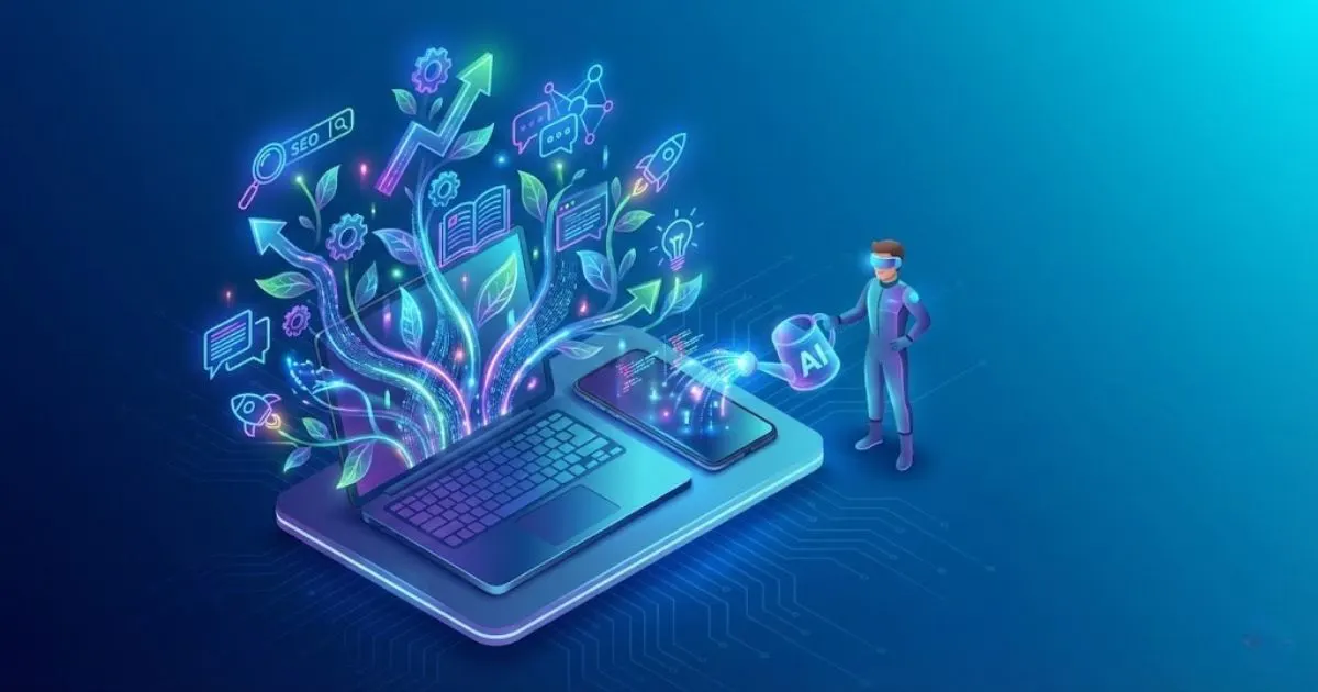 3D illustration of digital organic growth using AI tools on a laptop.