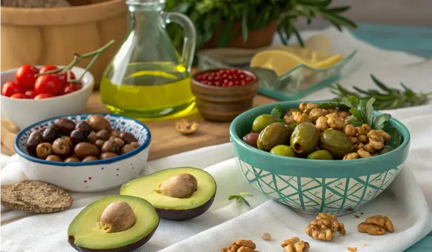 Mediterranean Table Setting with Olives, Avocados, and Nuts Rich in Monounsaturated Fats