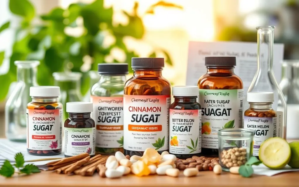 "An array of natural supplements for blood sugar management, featuring vibrant herbal ingredients like cinnamon, berberine, and bitter melon, surrounded by laboratory glassware and research papers