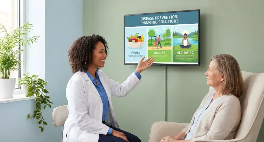 medical clinician explaining health information to a patient in a calm clinical setting. She is showing solutions for avoiding common diseases like exercise, healthy eating, and calming relaxing behaviors