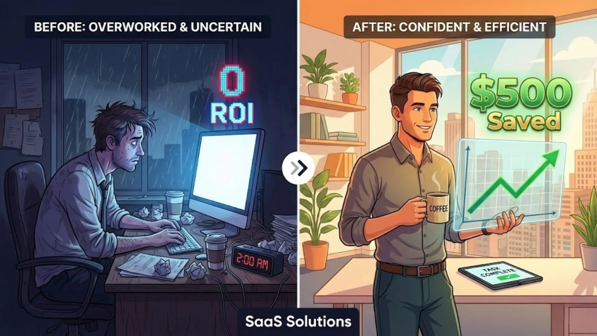  A split screen showing a stressed solopreneur working late versus a confident business owner saving time with productivity tools.