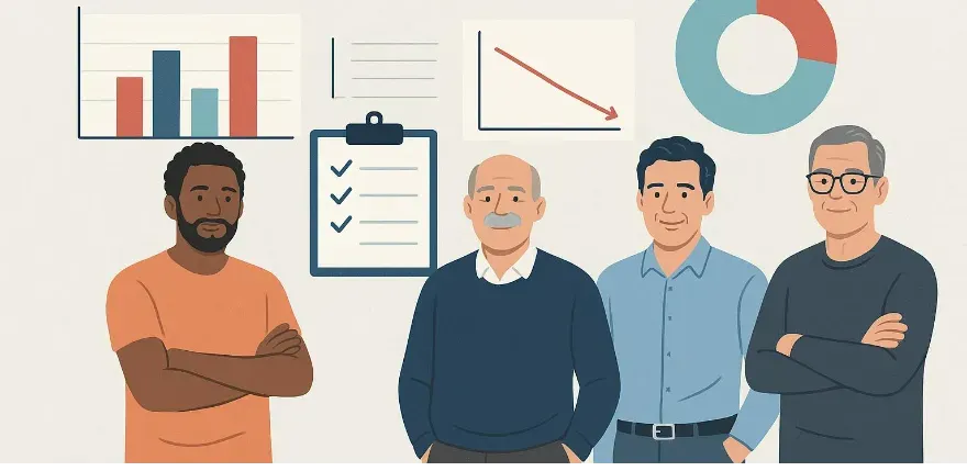 Clinical trial concept image showing data charts and study participants consisting of men for a trial study on testosterone and prostate cancer.