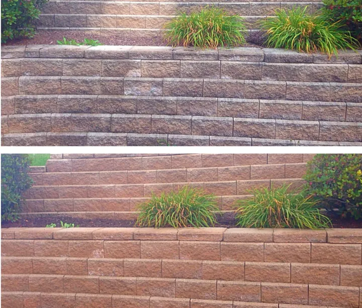 Retaining wall before and after pressure washing