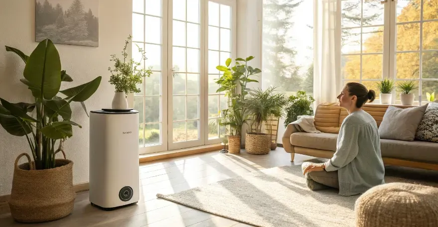 A cozy living room with ample sunlight, houseplants, and an air purifier. The room looks clean and inviting, symbolizing good indoor air quality. Sitting quietly is a person engaged in breathing exercises with a subtle peaceful smile. Style: modern and inviting, with warm tones.