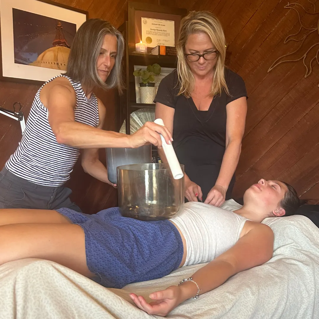 Sound Bath with Crystal Bowls placed on the body in Mammoth Lakes, CA