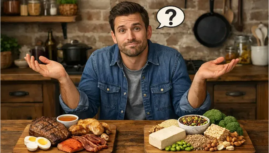 A person in a rustic kitchen setting is sitting in front of a wood table. On the table are two cutting boards of food. One has animal protein and one has plant protein. The person is shrugging, and there's a small, callout question mark over their head.