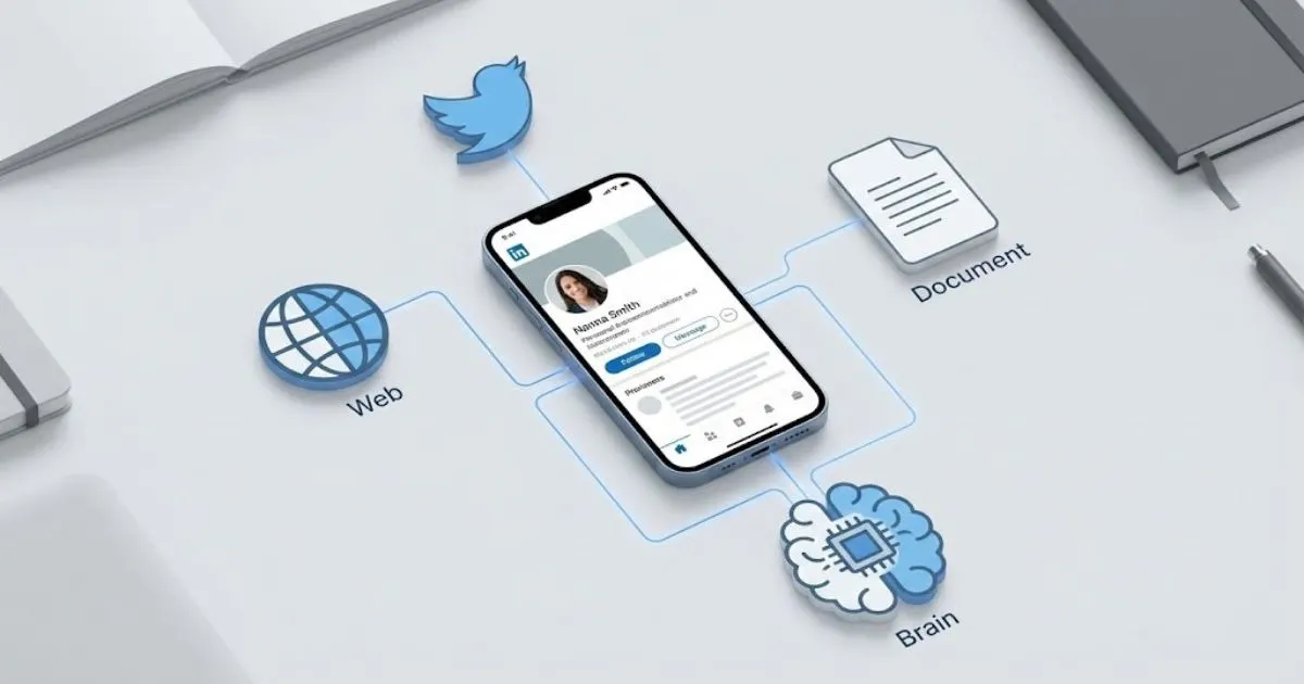 Smartphone with social media icons connected to an AI technology symbol.