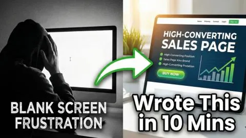 Comparison of stressed copywriter vs finished high-converting sales page generated by AI prompts.