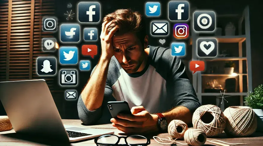 A man sitting at a desk, looking stressed and overwhelmed as he stares at his smartphone. Surrounding him are icons of various social media platforms, symbolizing the overload of social media and digital communication.