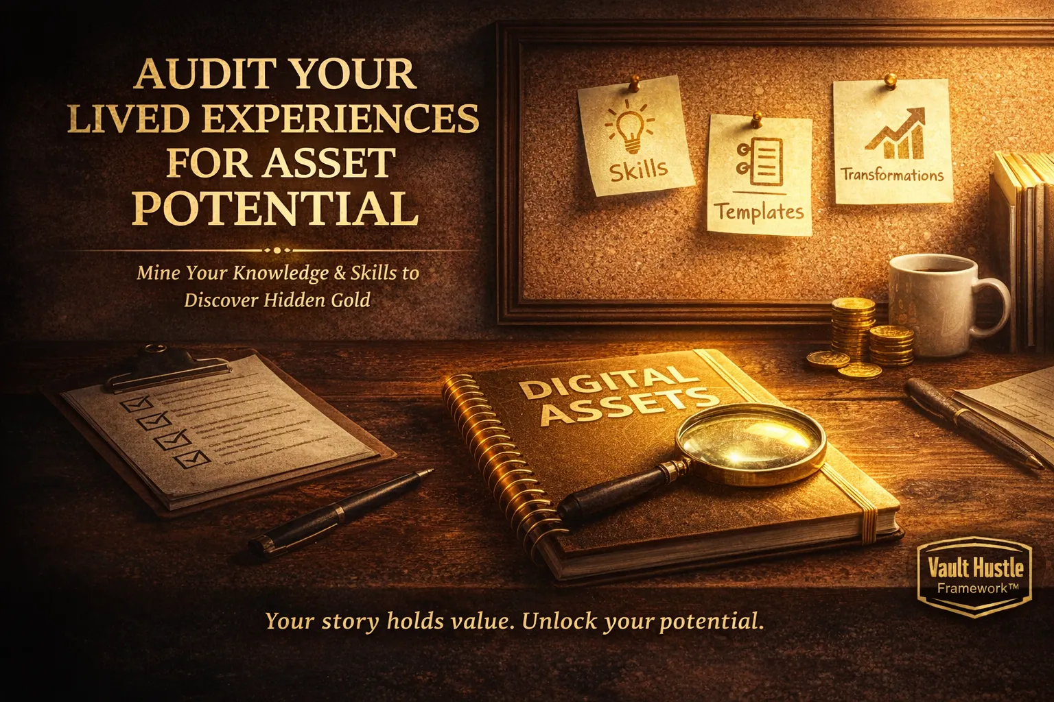 Illustration of a desk workspace showing a notebook labeled “Digital Assets,” a magnifying glass, checklists, and a corkboard with notes labeled Skills, Templates, and Transformations, symbolizing auditing lived experiences to identify digital asset potential within the Vault Hustle Framework.