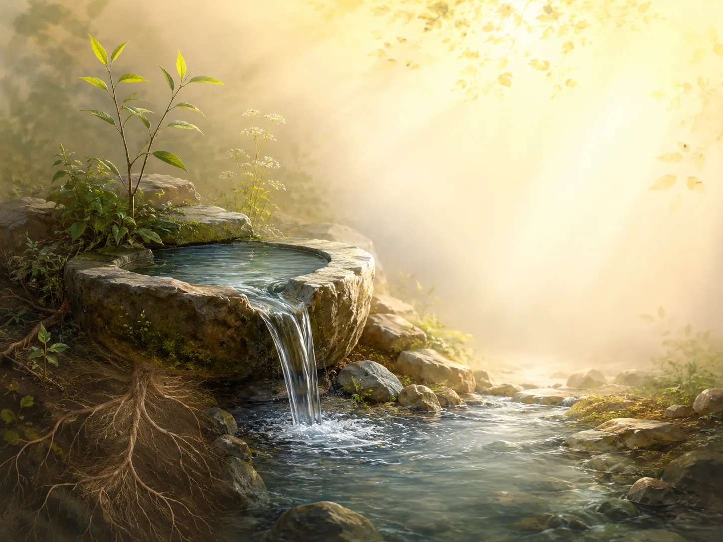 Peaceful wellspring flowing into a river