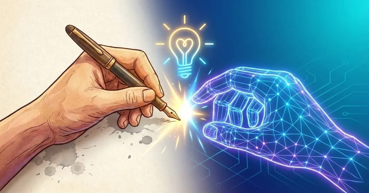 Human hand and digital AI hand collaborating to create a spark of innovation.