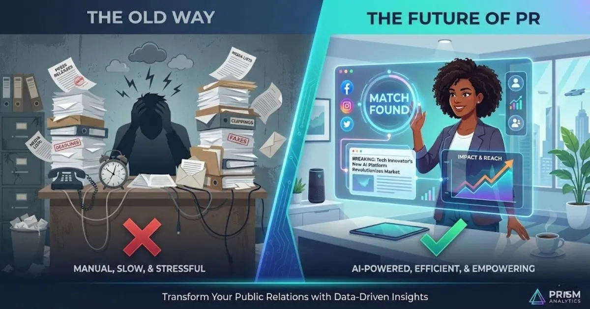Illustration comparing manual PR stress with efficient AI data-backed pitching for business owners.
