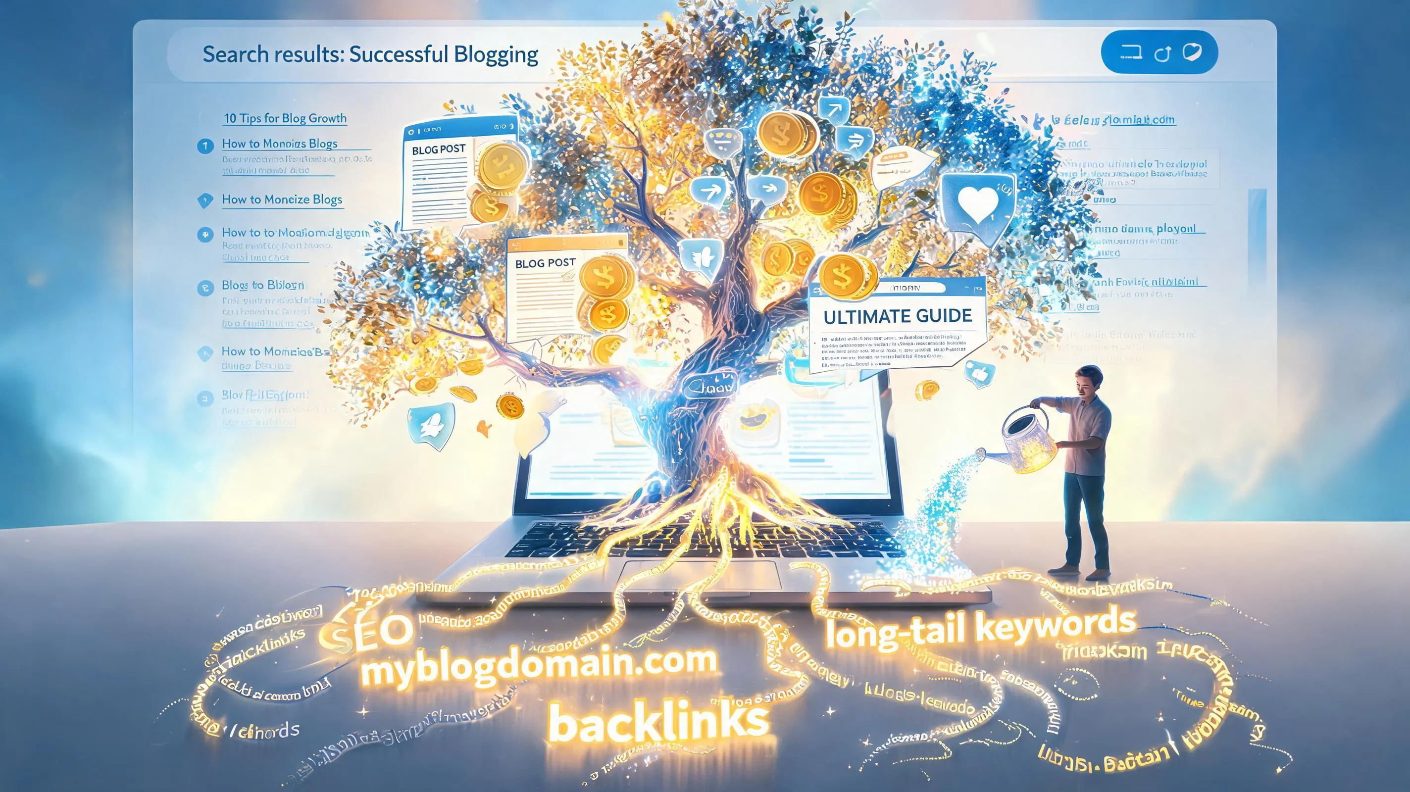 Symbolic blog growth concept showing a digital tree growing from a laptop representing SEO, content creation, and long-term blogging success in 2026