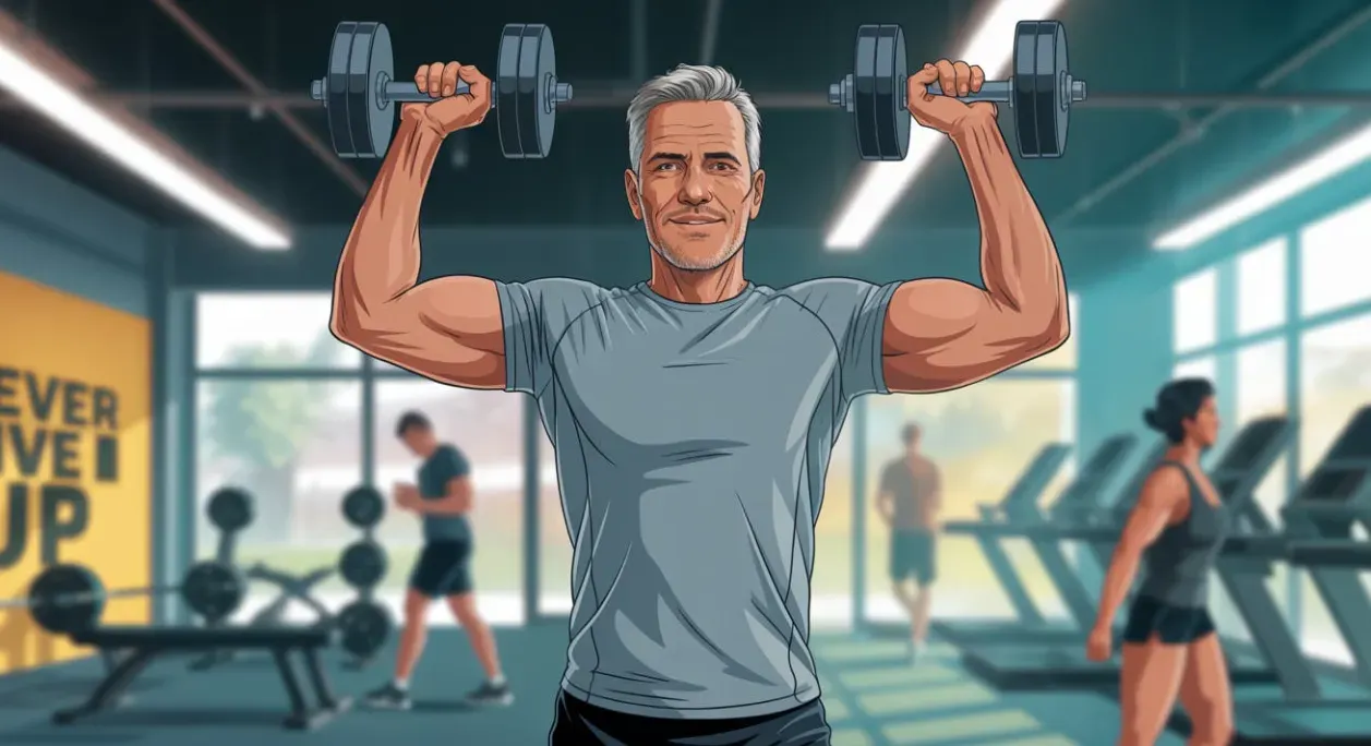 Full-body illustration of an older adult in a gym warming up, stretching, and lifting with proper form.