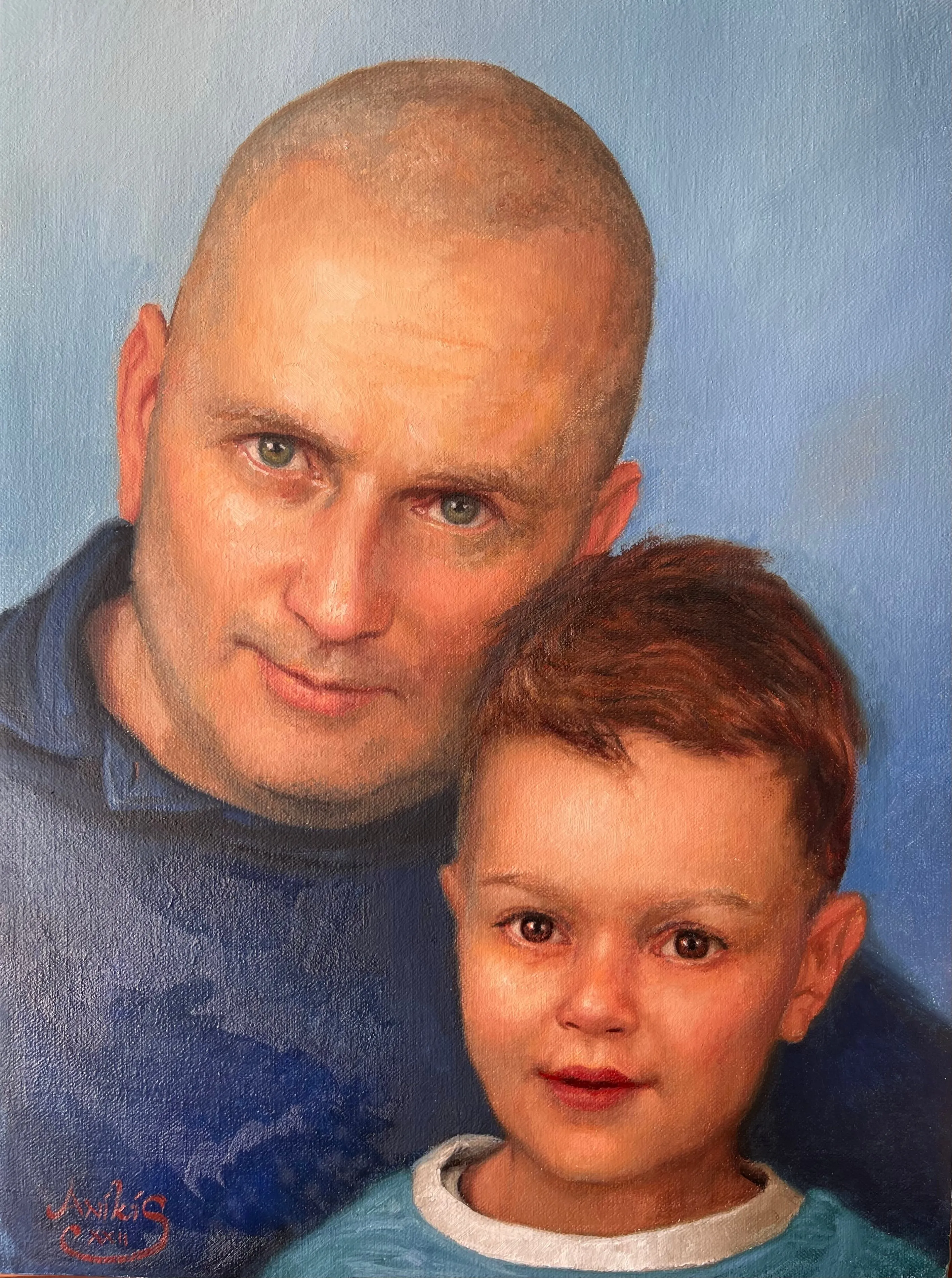 Portret oče in sin, slikarsko naročilo, slika olje na platnu, Nik Anikis