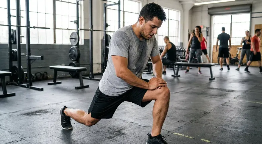 Latino male holding a lunge stretch post-workout, in a gym setting