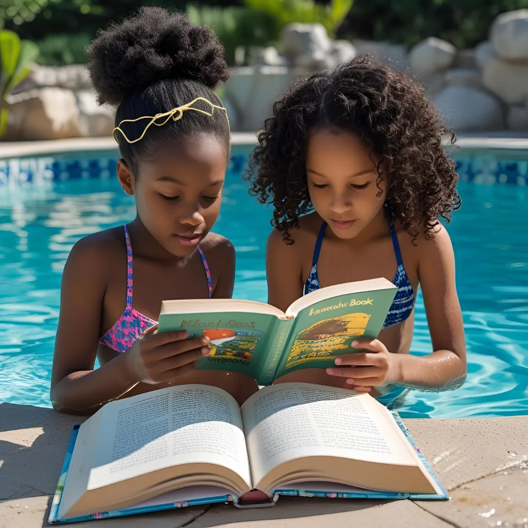 kids reading a book during pool time