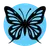 A bold black silhouette of a butterfly is centered over a vibrant light blue circle. The butterfly's wings extend slightly beyond the top left and bottom edges of the circle, creating a sense of movement and freedom. The wing design is elegant and symmetrical, with elongated patterns and flowing curves.