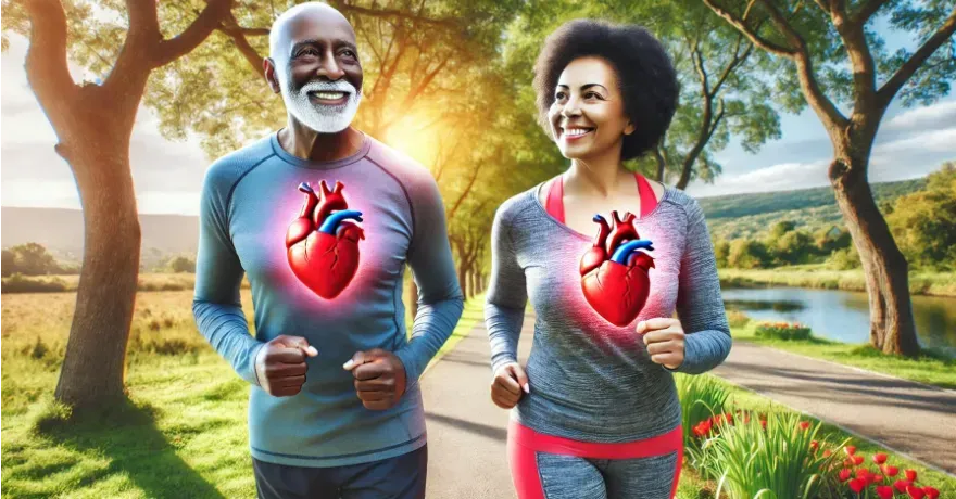 man and woman taking a brisk walk in park with vibrant hearts superimposed on their chests.