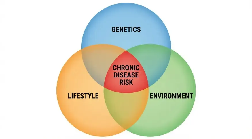 Clean educational Venn diagram with three overlapping circles: blue labeled “Genetics,” orange labeled “Lifestyle,” and green labeled “Environment.” Center overlap in red reads “Chronic Disease Risk.”