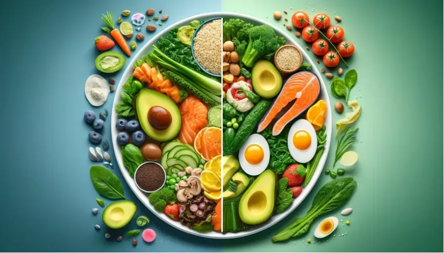 A plate of food where one side is vegan food and the other side is ketogenic type food.