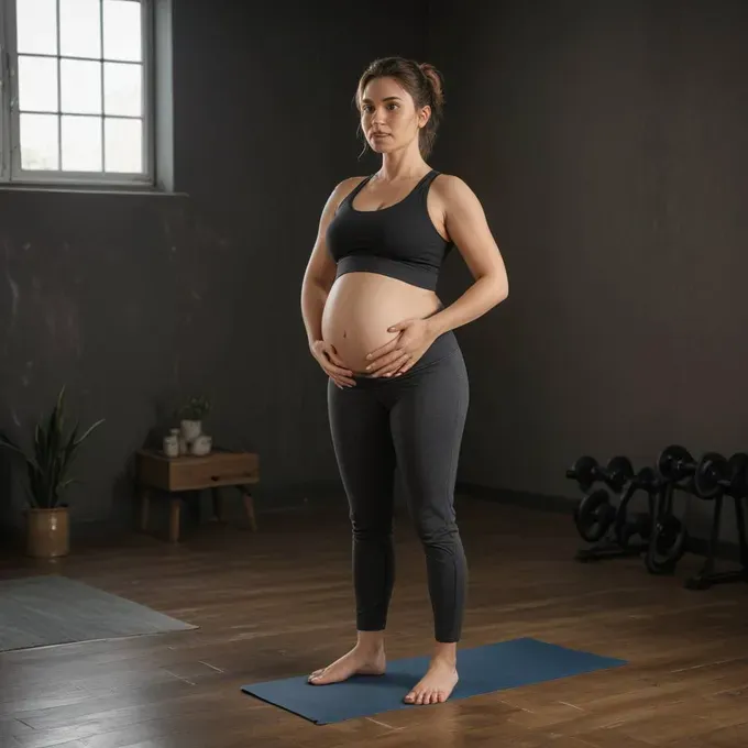 Pregnant woman doing gentle exercises, promoting health and well-being during pregnancy.