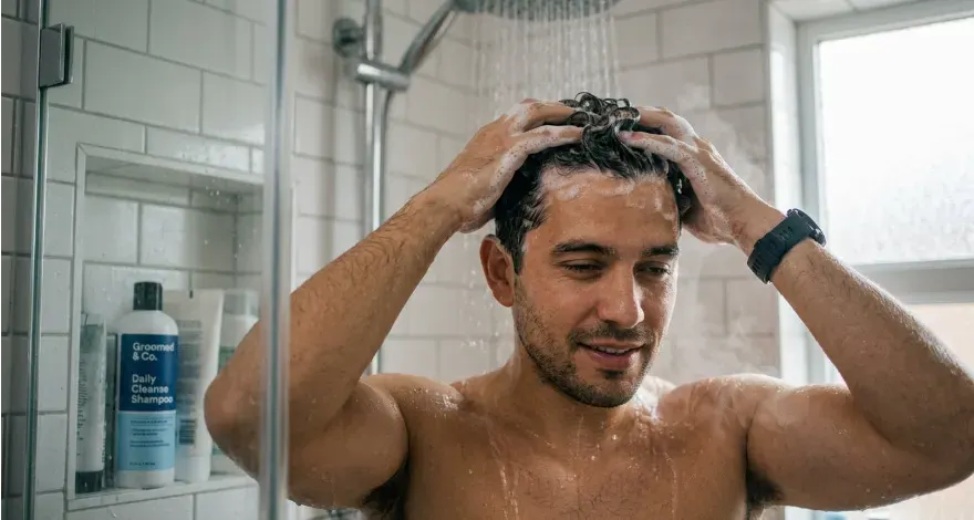 Man gently washing his hair with shampoo in the shower to maintain scalp cleanliness.
