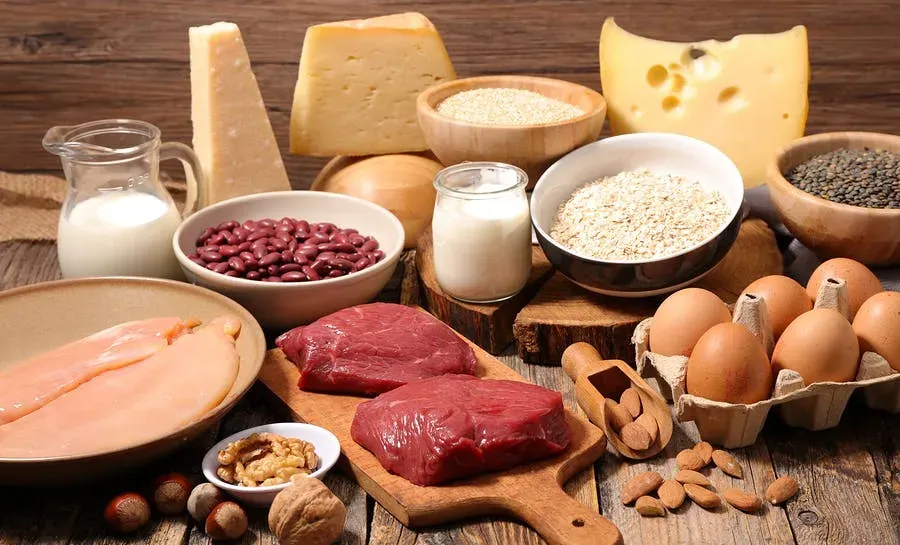 table full of animal protein foods.