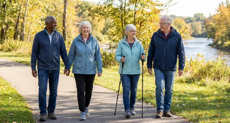 Older adults walking outdoors together, representing physical activity and healthy aging.