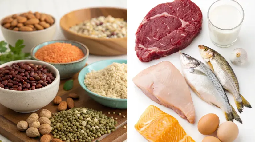 A split image. One side has plant based protein sources like beans, nuts, seeds, and whole grains. The other side has animal based protein sources like beef, chicken, fish, eggs, and milk.