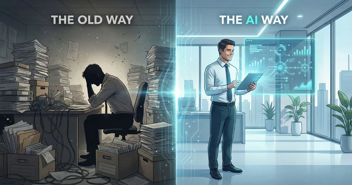 Comparison of stressed agency owner vs confident owner using AI for agencies.