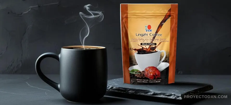 Taza de Café Negrito de DXN (Lingzhi Black Coffee 2 en 1), la opción pura y concentrada para obtener los máximos beneficios del Ganoderma.