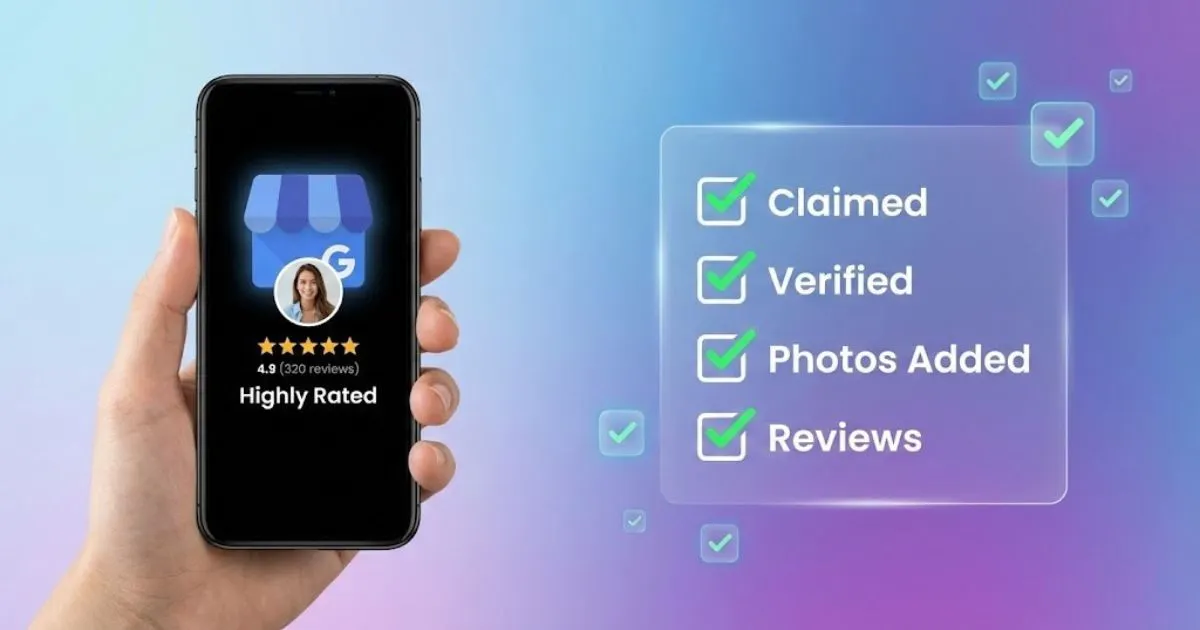 Optimized Google Business Profile on mobile with optimization checklist.