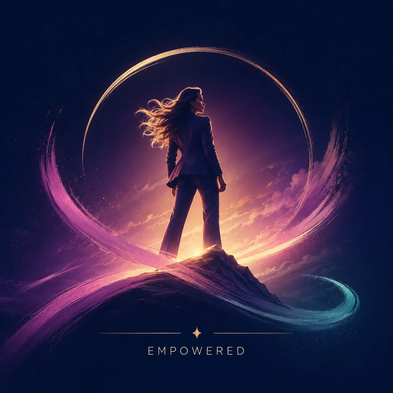 Empowered Lady standing with different lights aroundn her