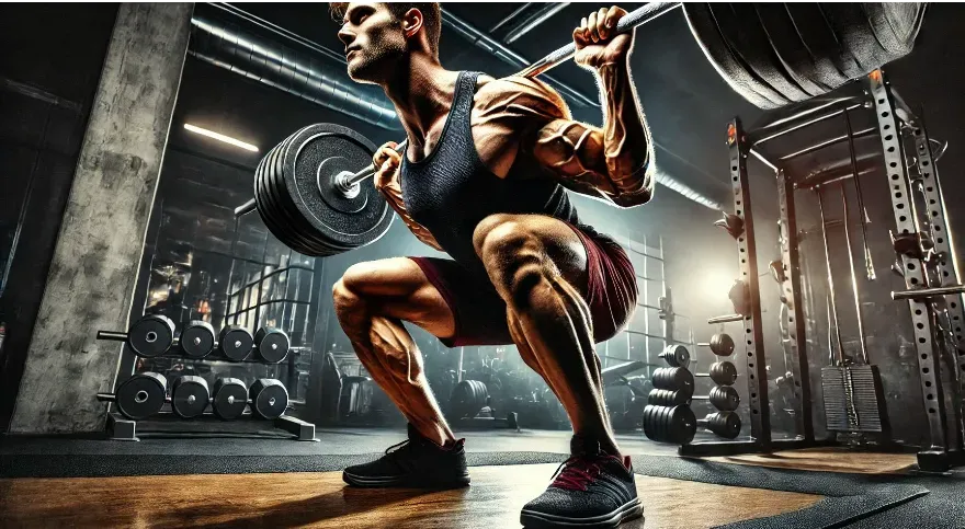 A man in a gym doing a heavy dumbbell squat exercise until failure.