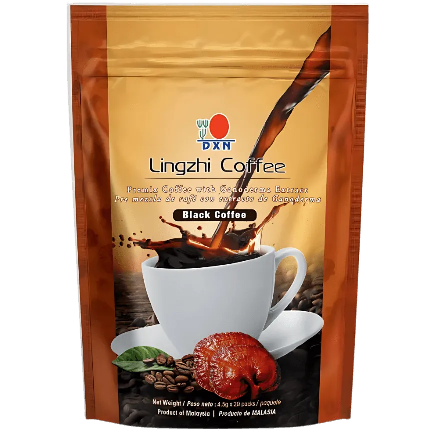 Taza de café negro intenso Lingzhi Black Coffee de DXN, una opción sin azúcar enriquecida con Ganoderma.