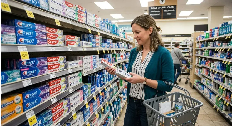 Person selecting toothpaste in the oral care aisle of the pharmacy.