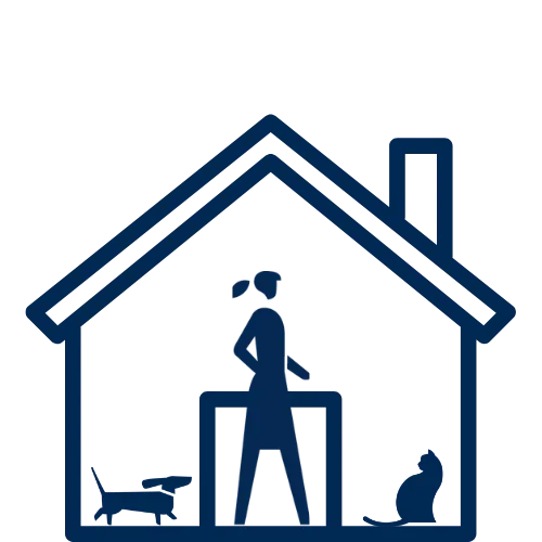 Pet sitting icon showing a person inside a house with a dog and cat, representing Kansas City in-home pet care services
