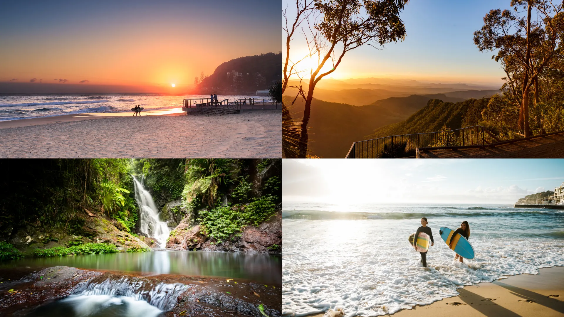 A collage of popular Gold Coast beaches and hinterland