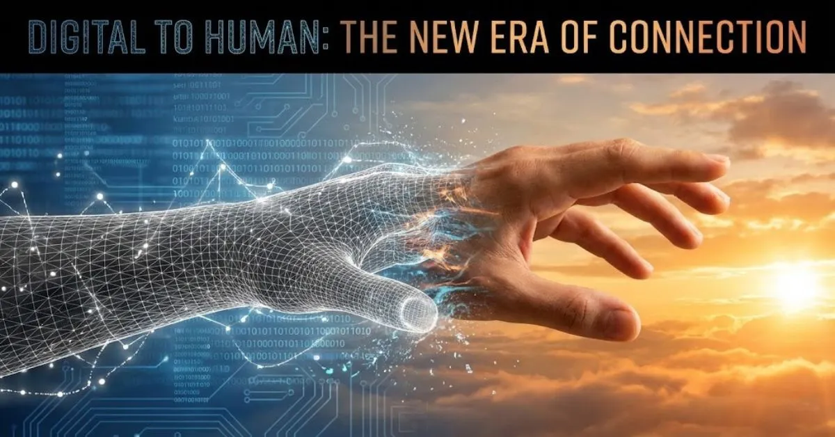 A digital hand morphing into a human hand, symbolizing human centric marketing.