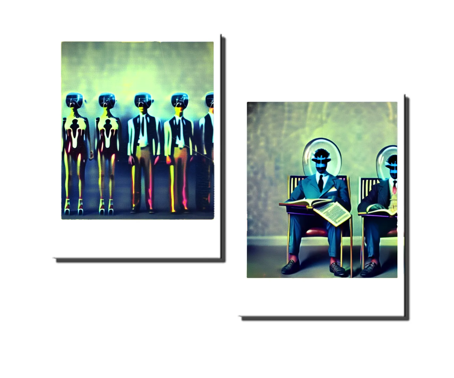 surreal art of conformist robots in business attire