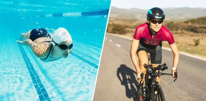 a split image: one side is a woman swimming in a pool and on the other side is a cyclist riding on a road.