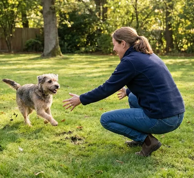 Dog recall training session in a backyard with owner rewarding dog returning when called in Kansas City